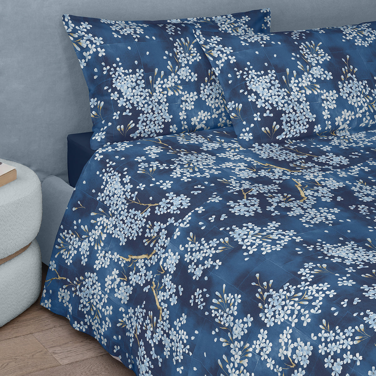 Completo Lenzuola Flanella Cotone Fazzini KIMONO Letto Fazzini Matrimoniale Blu