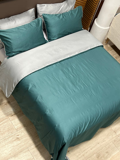 FINE SERIE Parure Copripiumino Raso di Cotone Double Letto Moreali Tessile Casa Matrimoniale Ottanio/Grigio