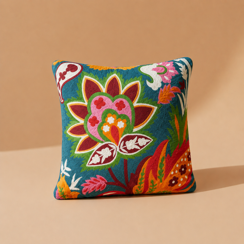 Cuscino Arredo 100% Cotone Ricamato PETROL GARDEN Soggiorno Moreali Tessile Casa 50 x 50 Multicolor