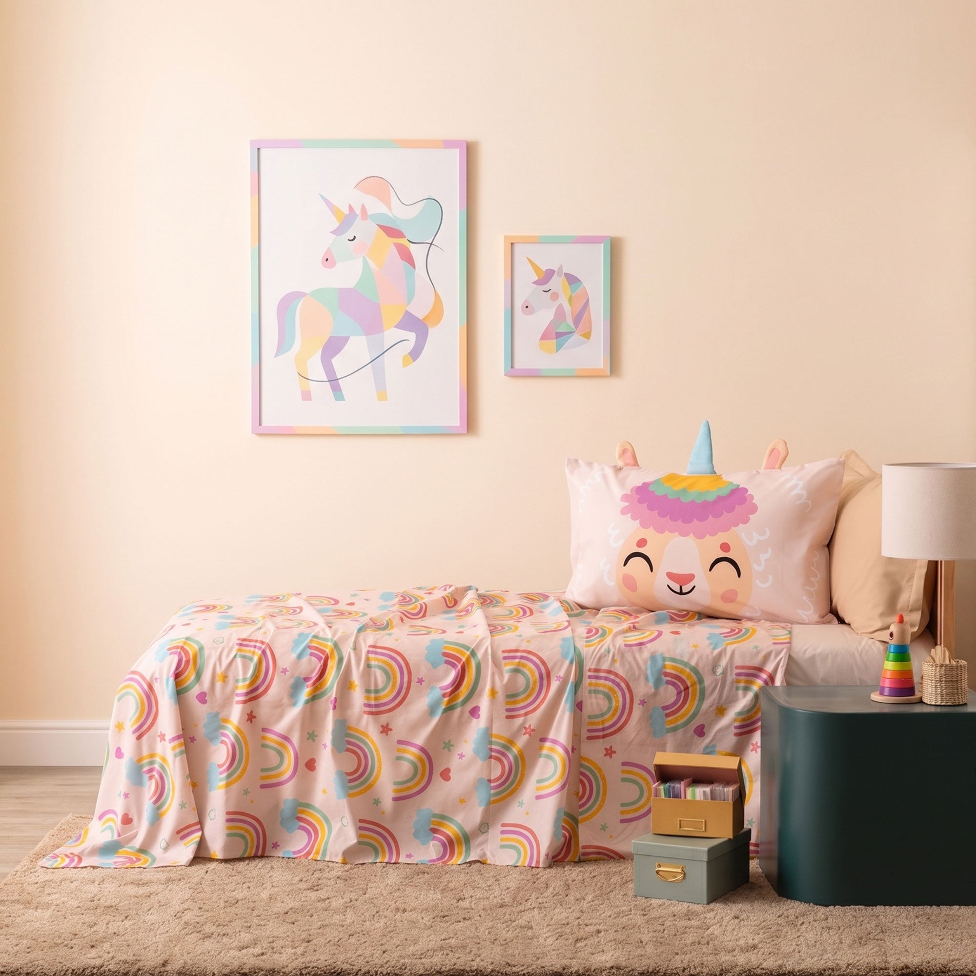 Completo Lenzuola KIDS Percalle Stampato RAINBOW Letto Riviera Piazza e Mezzo Rosa
