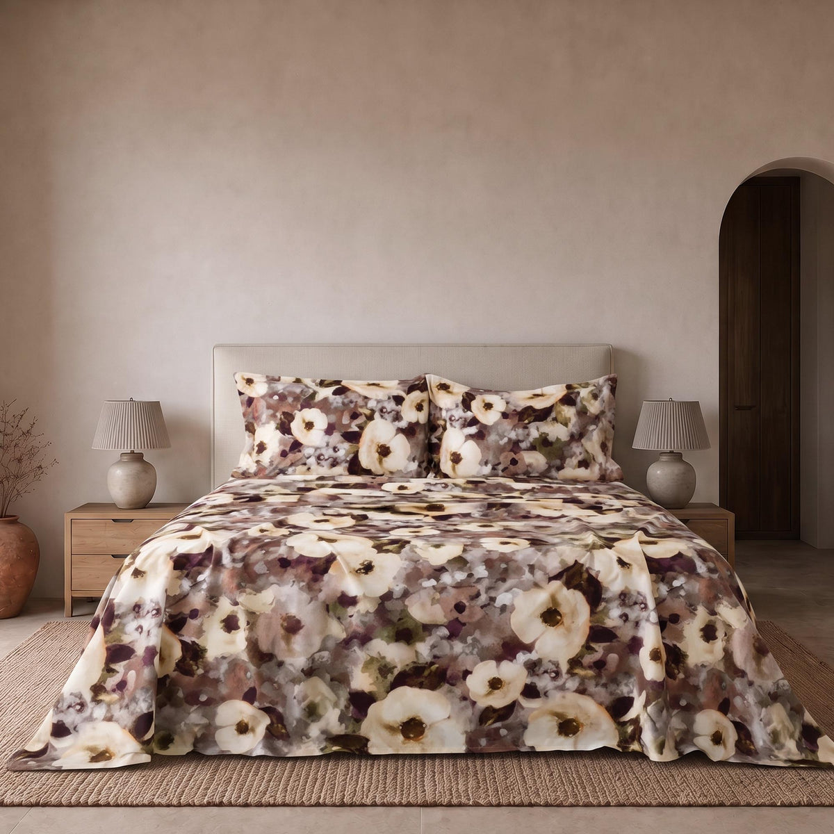 Completo Lenzuola Copriletto Percalle Stampa Digitale EIRA Letto Riviera Matrimoniale Beige Nocciola