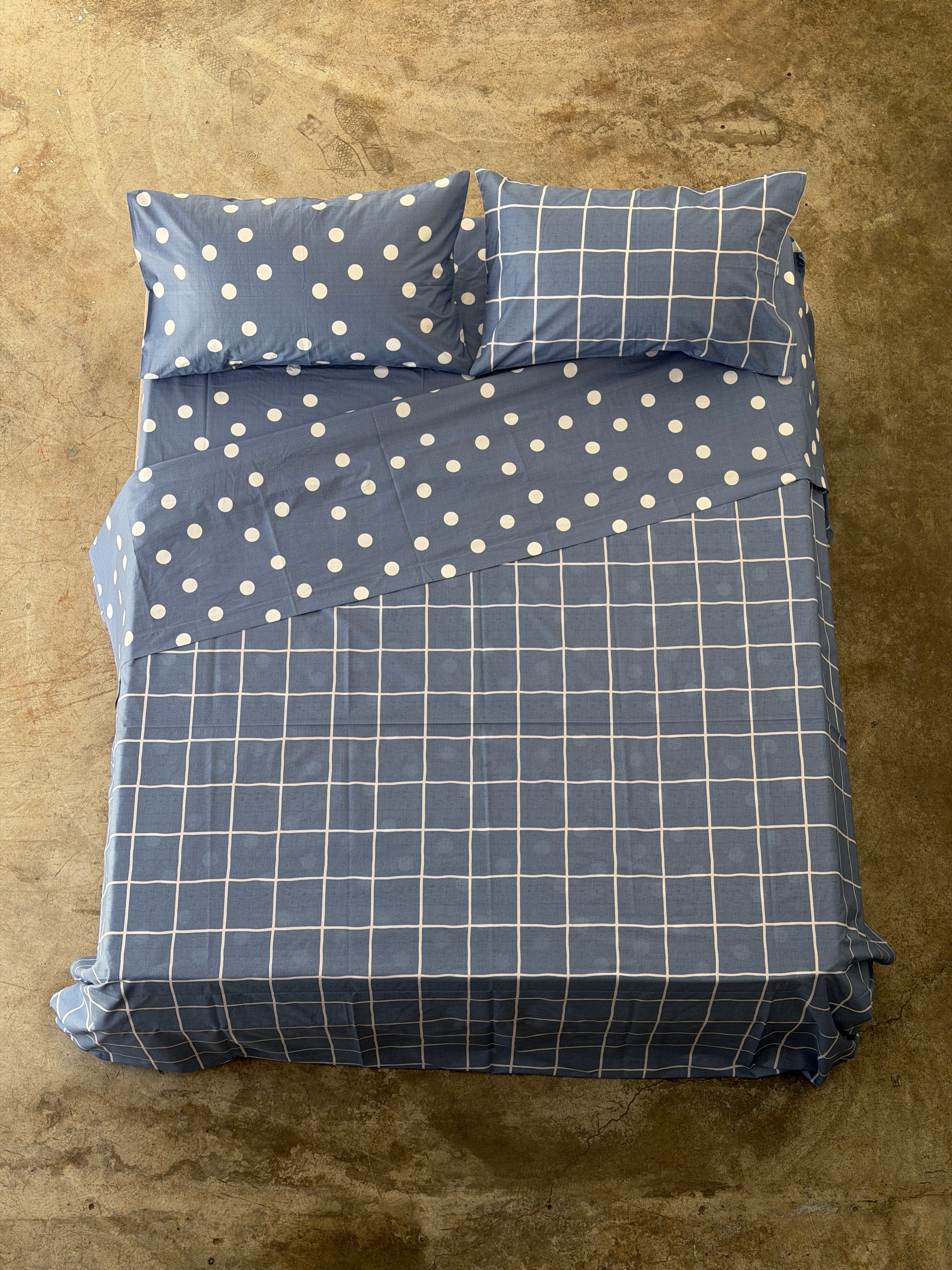 Completo Lenzuola Copriletto Quadri-Pois EASY Letto Moreali Tessile Casa Matrimoniale Denim