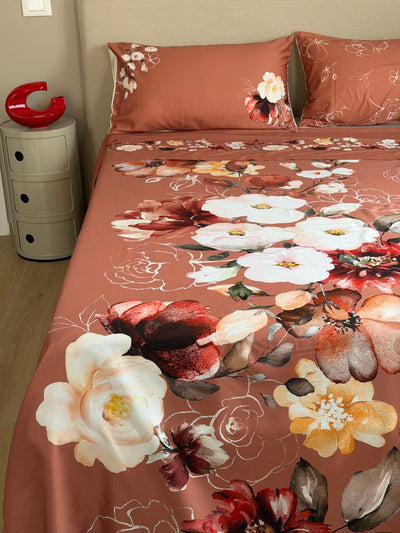 Parure Lenzuola Copriletto Raso 300TC FIORI SUL LETTO - VITTORIA Letto Moreali Tessile Casa