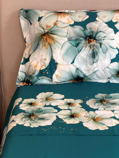 Parure Lenzuola Copriletto Raso 300TC FIORI SUL LETTO - OTTAVIA Letto Moreali Tessile Casa