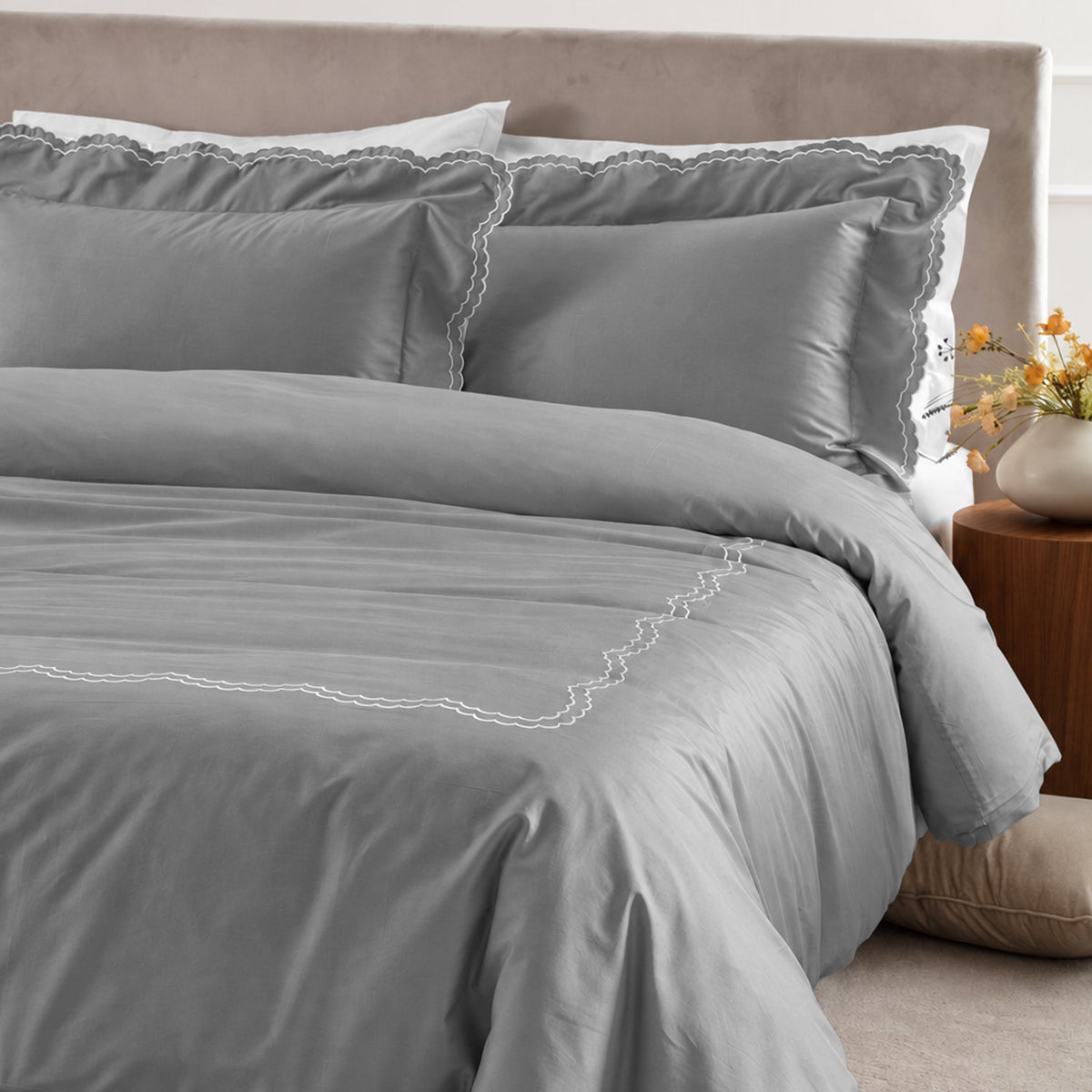 Parure Copripiumino Percalle Ricamato Hotellerie - MERLETTO Letto Moreali Tessile Casa Matrimoniale Grigio/Bianco