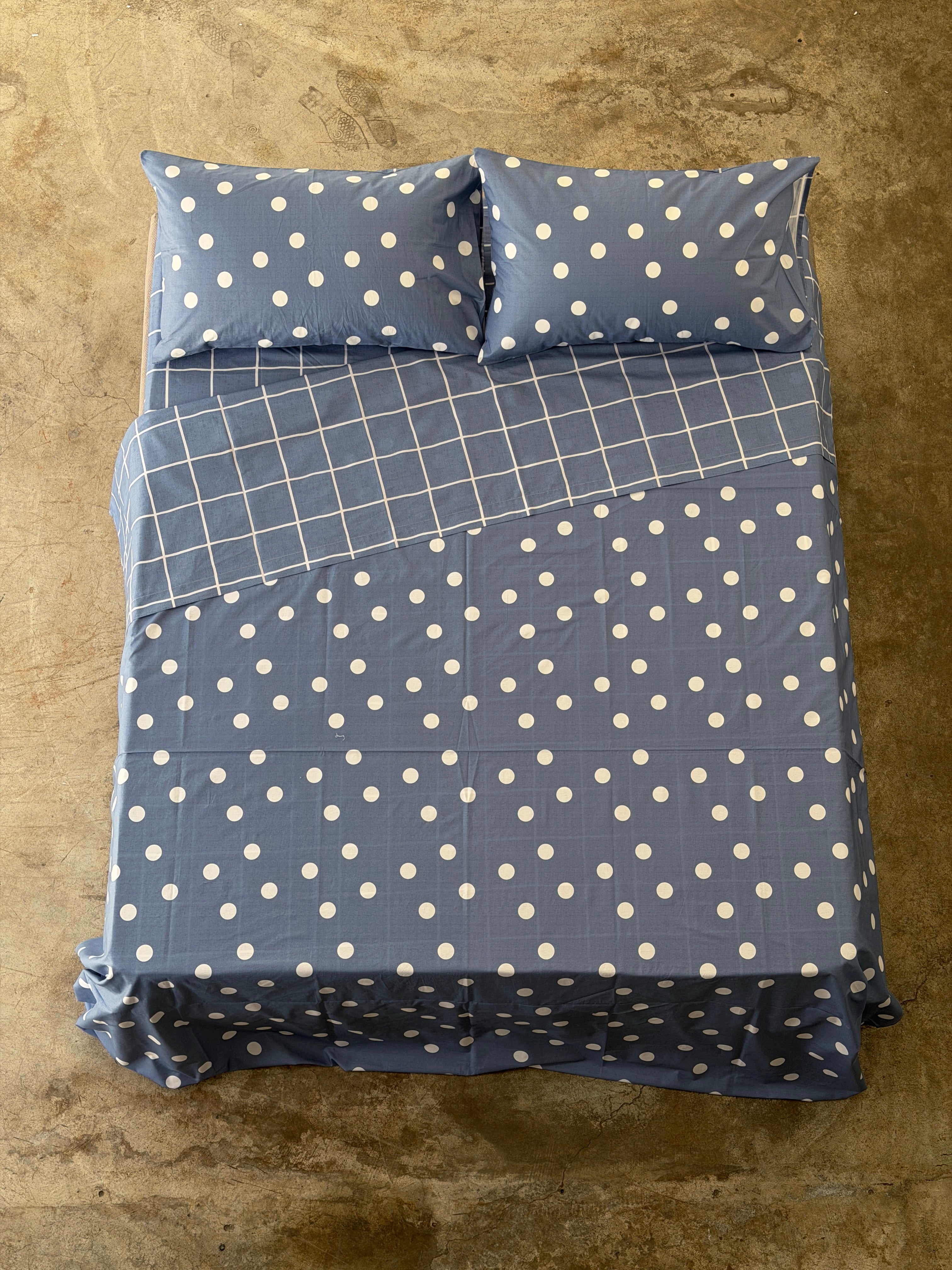 Completo Lenzuola Copriletto Pois-Quadri EASY Letto Moreali Tessile Casa Matrimoniale Denim