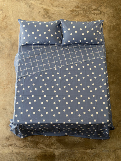 Completo Lenzuola Copriletto Pois-Quadri EASY Letto Moreali Tessile Casa Matrimoniale Denim