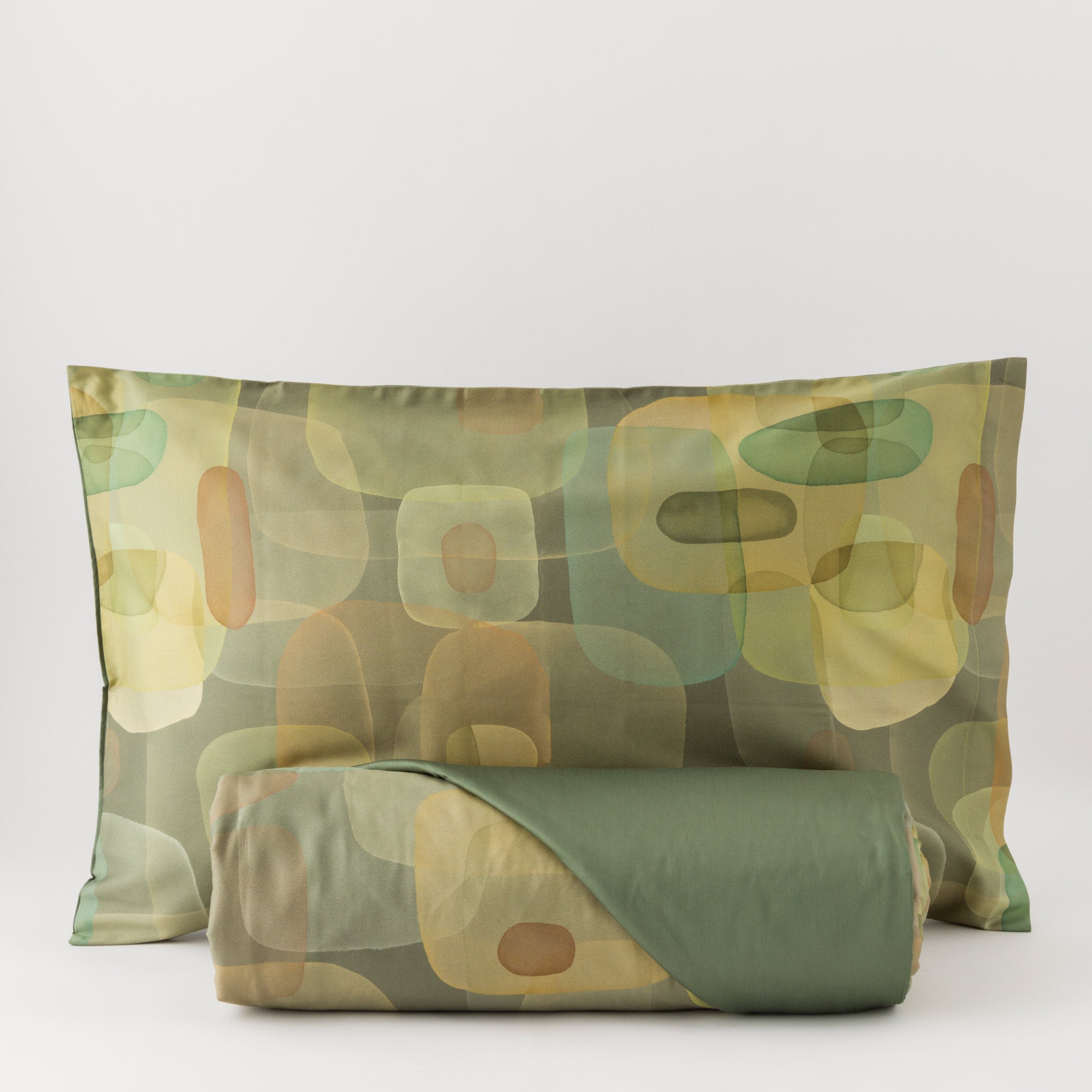 Completo Lenzuola Copriletto Raso 300TC Stampa Digitale Aqua Letto Reevèr Matrimoniale Eucalipto