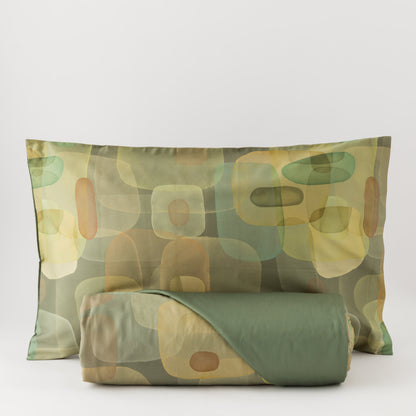 Completo Lenzuola Copriletto Raso 300TC Stampa Digitale Aqua Letto Reevèr Matrimoniale Eucalipto