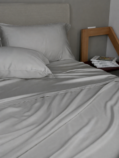 Completo Lenzuola Raso 300 Fili BAMBOO Letto Moreali Tessile Casa Matrimoniale Grigio Perla