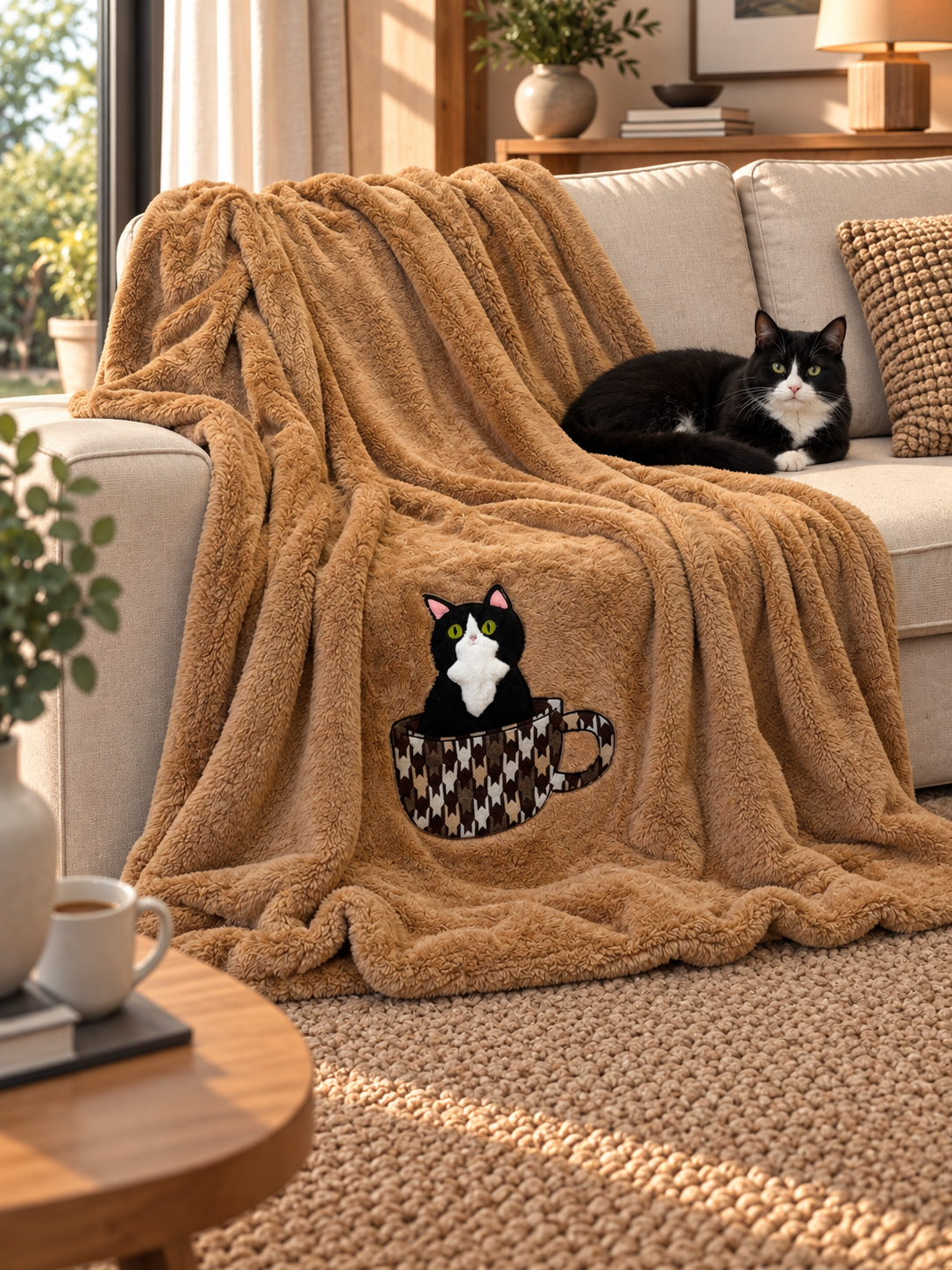 Plaid Pile Coccola Ricamato GATTO NELLA TAZZA Soggiorno Maryplaid 150 x 180 Caramello