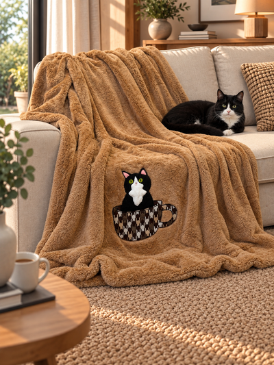Plaid Pile Coccola Ricamato GATTO NELLA TAZZA Soggiorno Maryplaid 150 x 180 Caramello